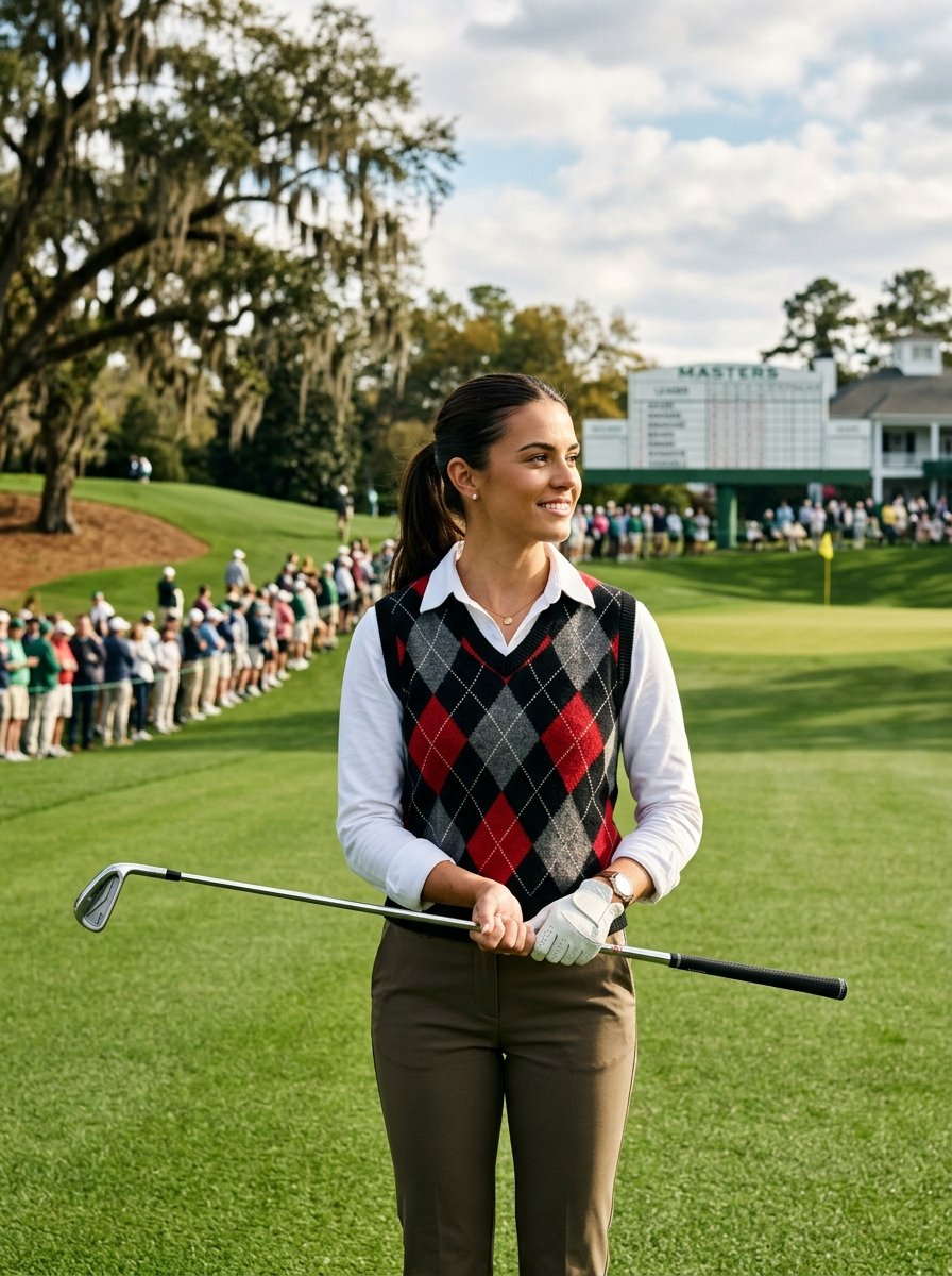 Young woman wearing an argyle sweater vest holding a golf club on a green lawn with spectators and a scoreboard background