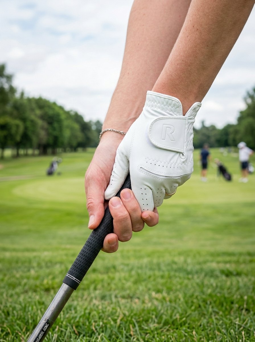 A person wearing a white golf glove holds a black golf club handle on a green field.