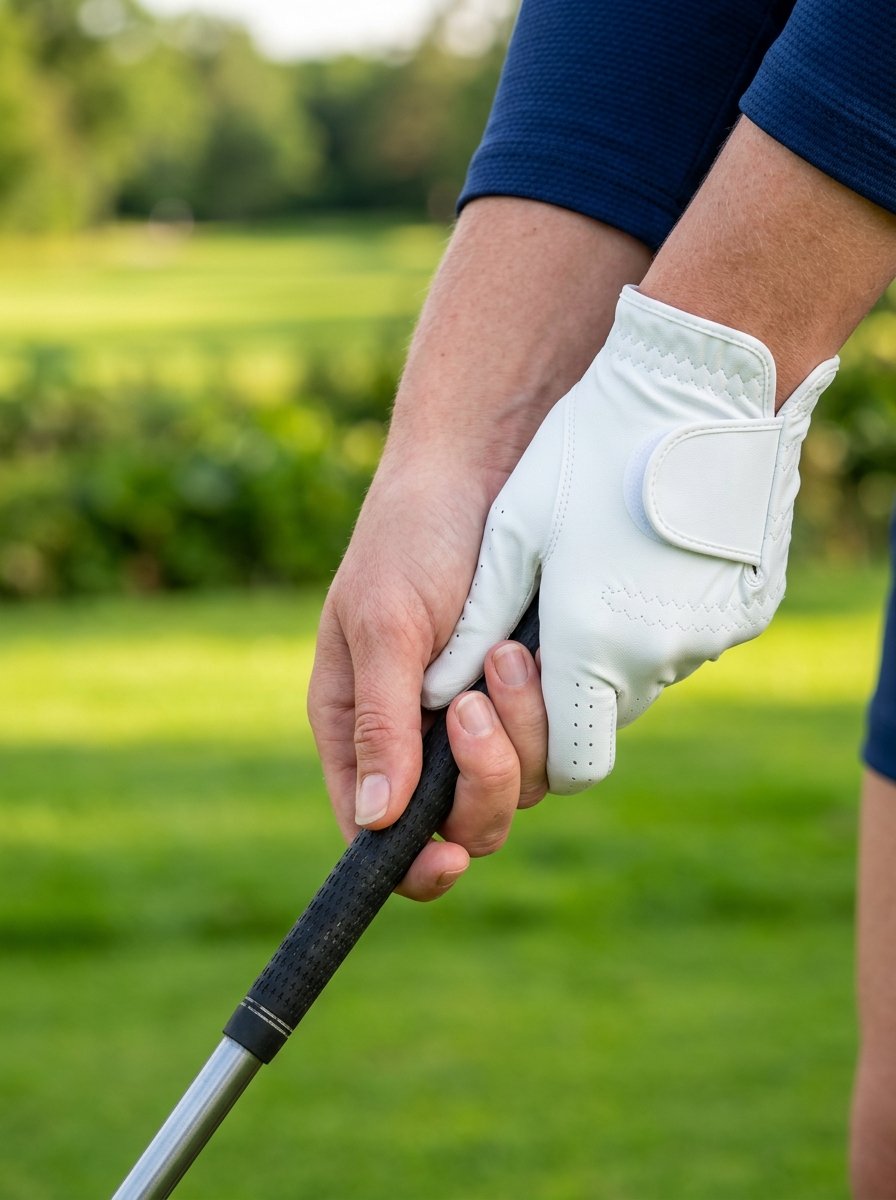 Close-up of hands wearing a white golf glove while gripping a textured golf club handle on a green course.