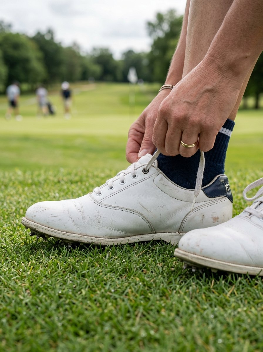 Golfer hand tying the laces of a worn white FootJoy shoe while standing on green grass at a golf course.