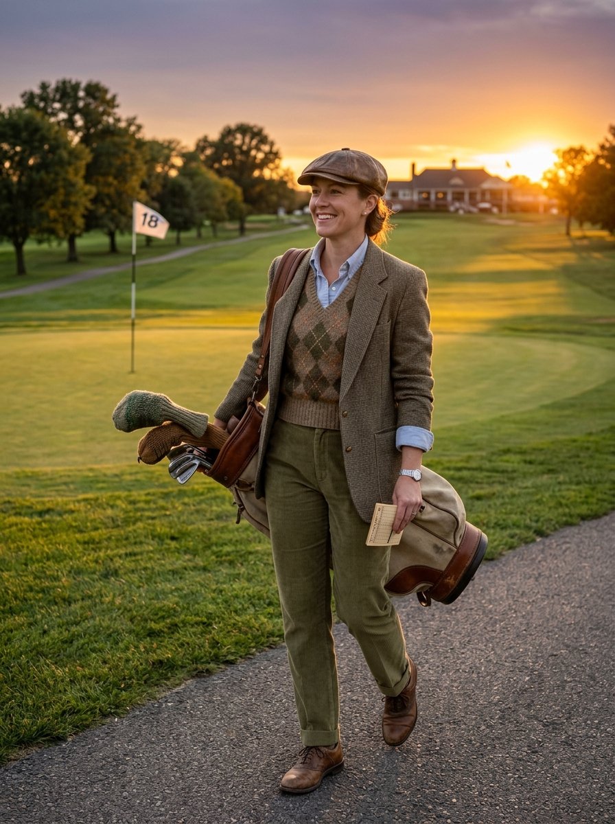 Smiling woman in a tweed blazer and flat cap carries a leather golf bag on a fairway with an 18th hole flag.