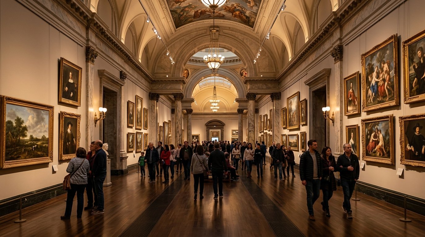 Group of visitors walking through a long, high-ceilinged museum hall lined with framed historical paintings.