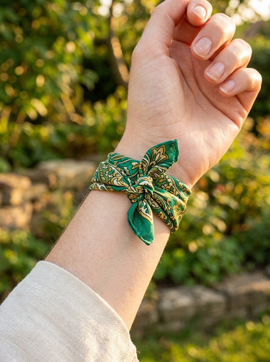 Close up of a wrist wearing a small green and gold patterned scarf tied into a knot.