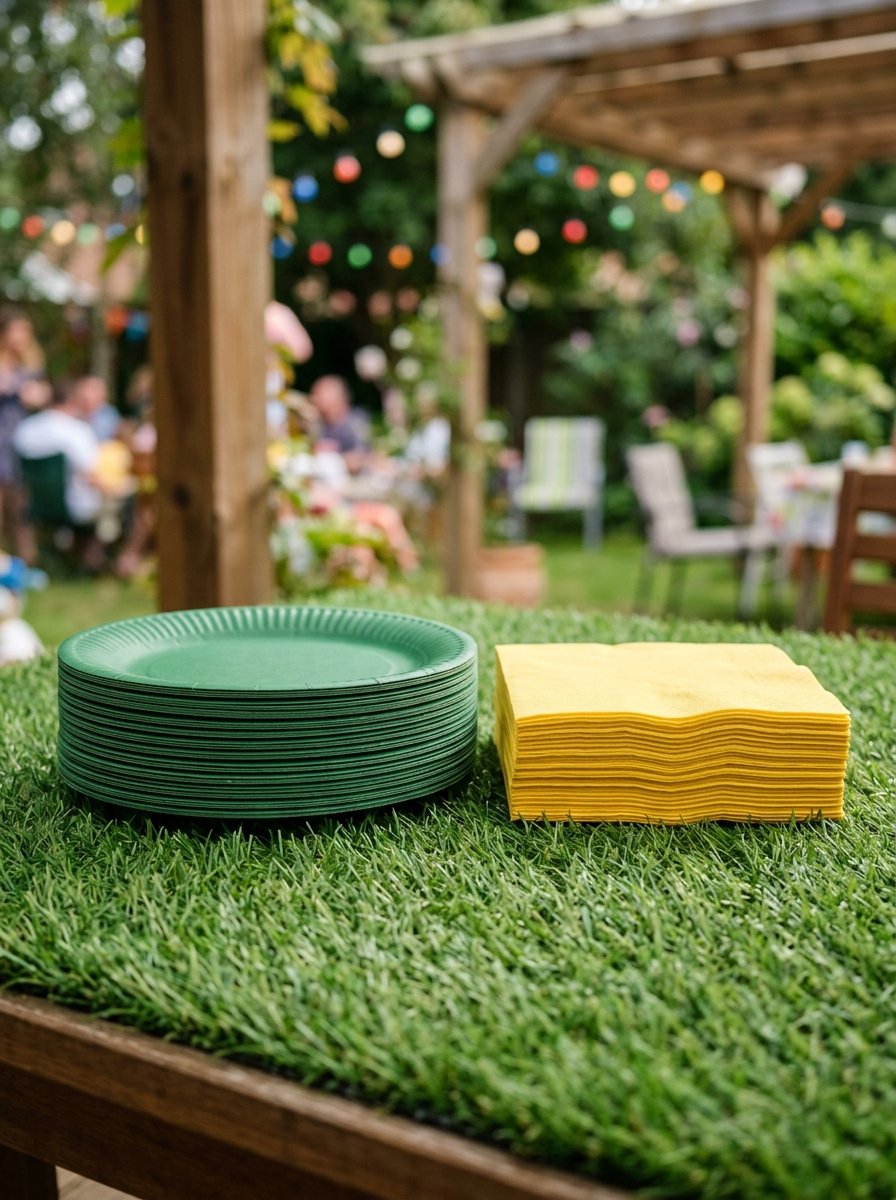 A stack of green plates next to a pile of yellow napkins resting on an artificial grass-covered table outside.