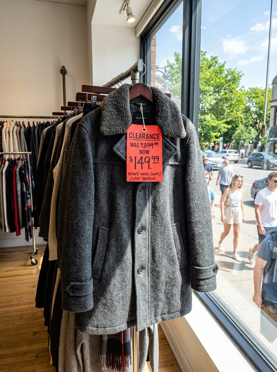 A charcoal grey heavy wool coat with a sherpa collar and a red clearance price tag hanging in a store window.
