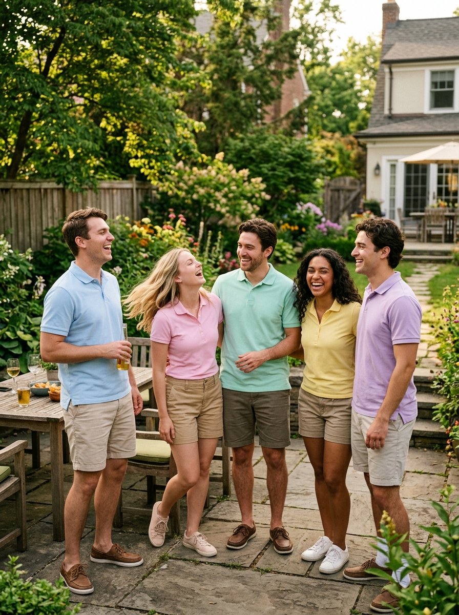Young adults in colorful polo shirts and shorts laughing together on a stone patio outdoors.