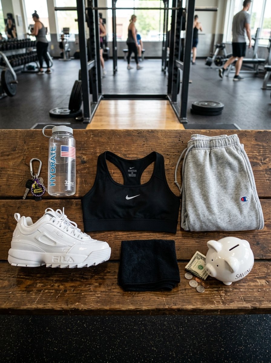 Fila shoes, Nike sports bra, Champion sweatpants, water bottle, and a piggy bank on a wooden gym bench.