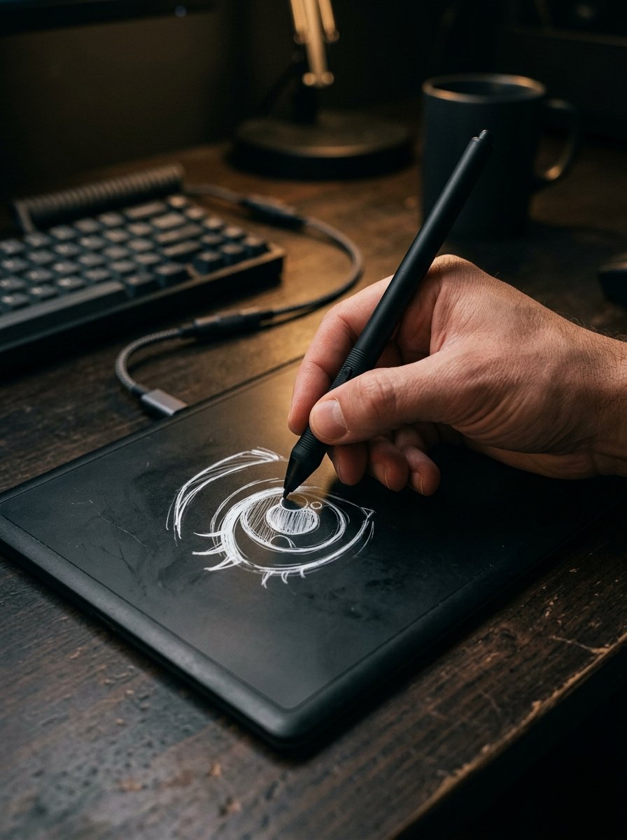 A close up of a hand using a stylus pen to illustrate a sketch of an eye on a black digital drawing pad.