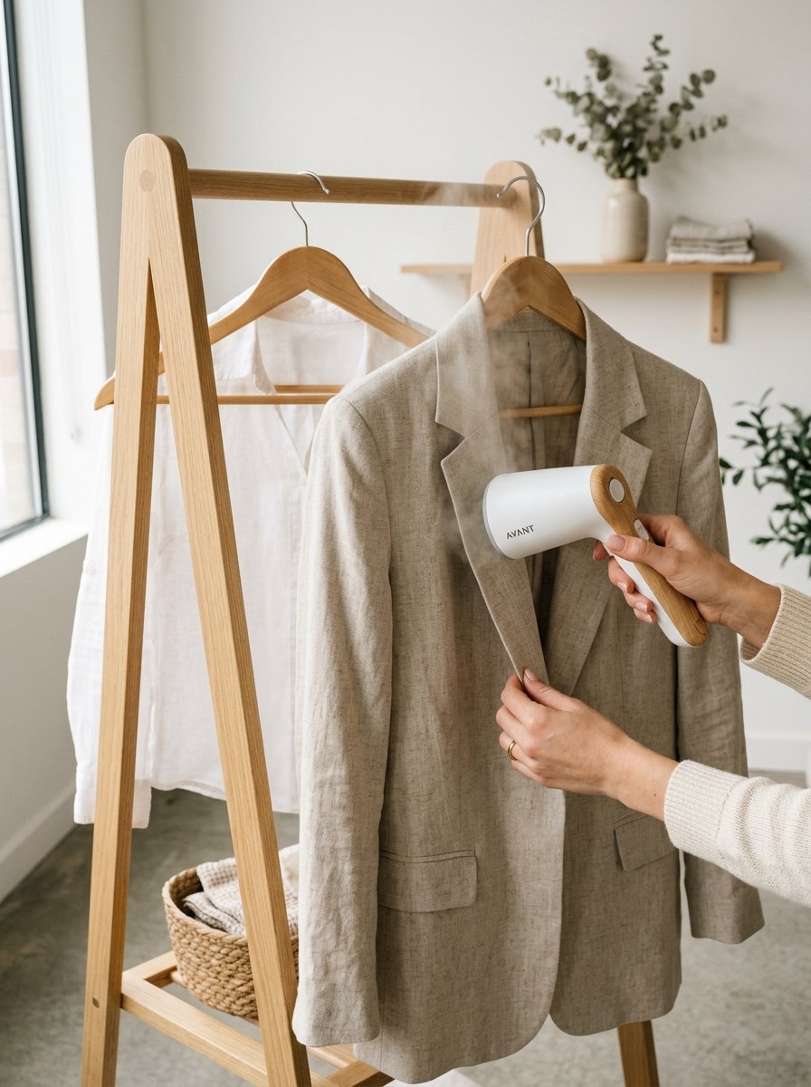 A person using a portable white and wood-grain steamer on a hanging beige linen jacket.