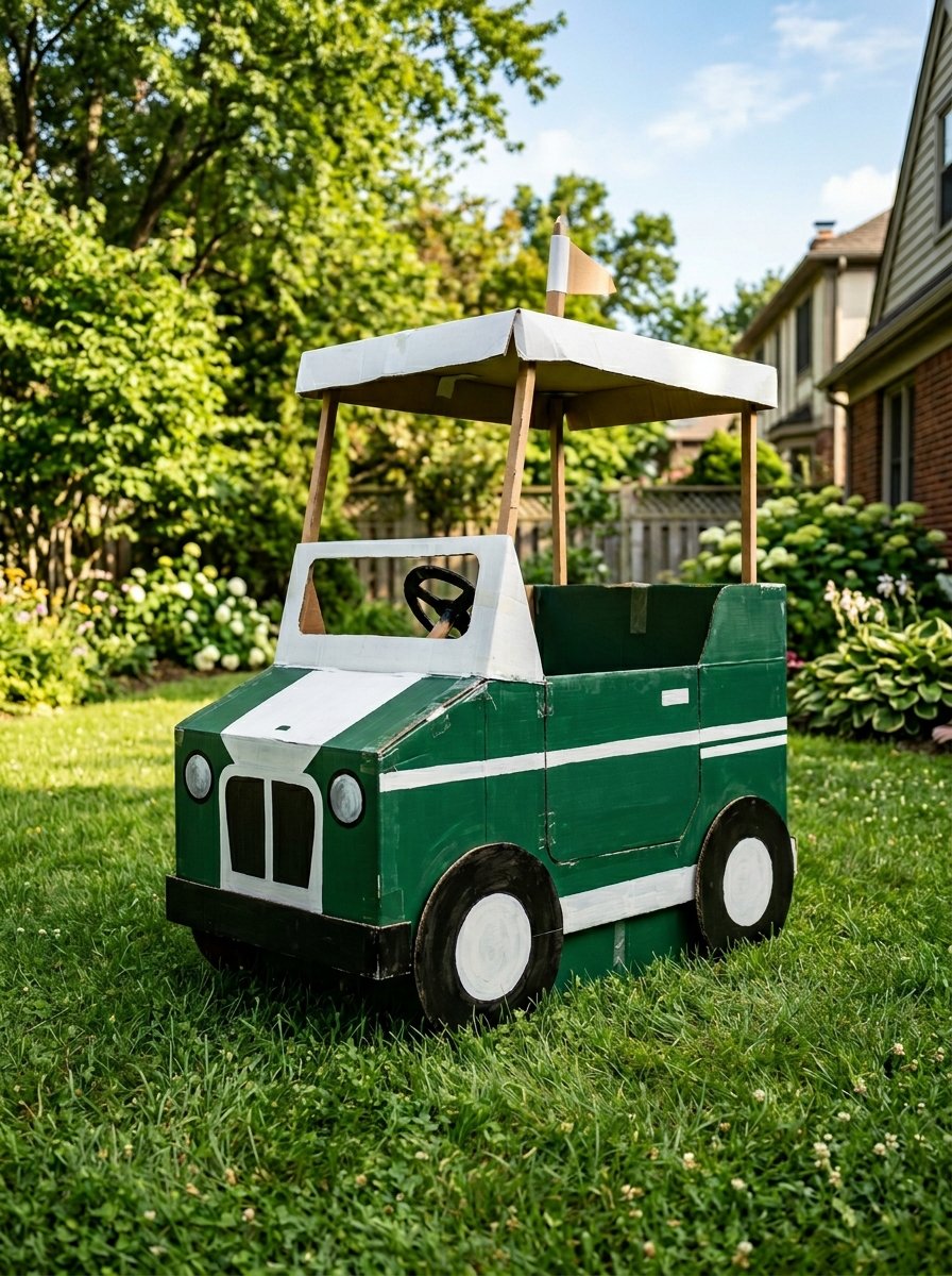 A DIY toy golf cart crafted from painted cardboard boxes parked on a sunny lawn.