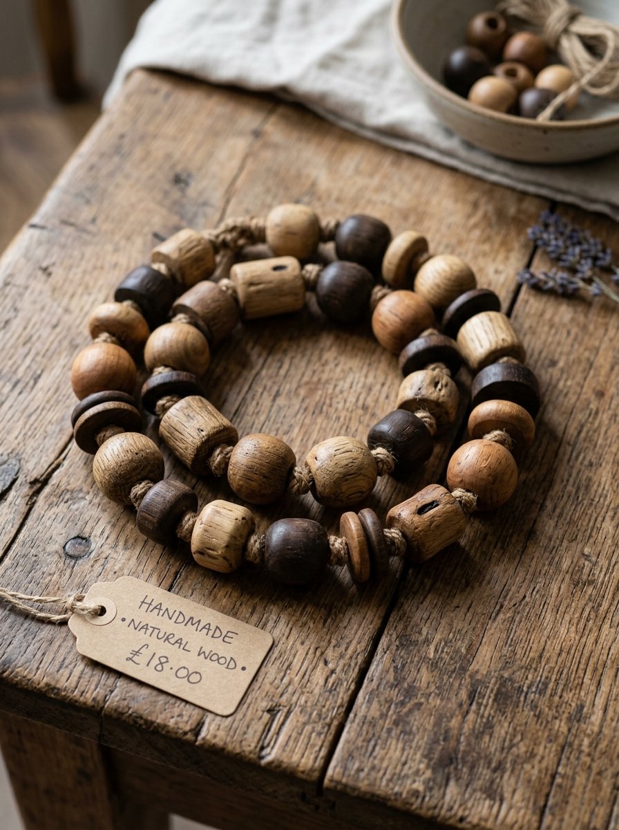 Artisan wooden beads strung on twine with a paper price tag sitting on a vintage wood surface.
