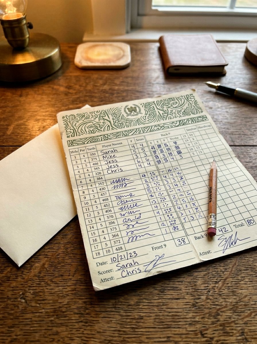 Close up of a golf scorecard with handwritten player names and scores resting on a dark wooden office desk.
