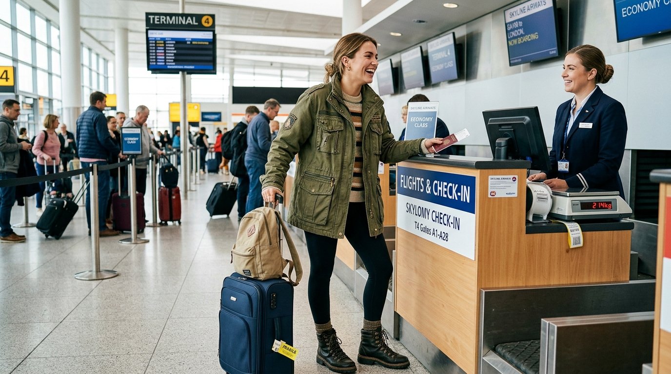 Young female passenger laughing while handing passport to an airline agent at a busy airport check-in desk.