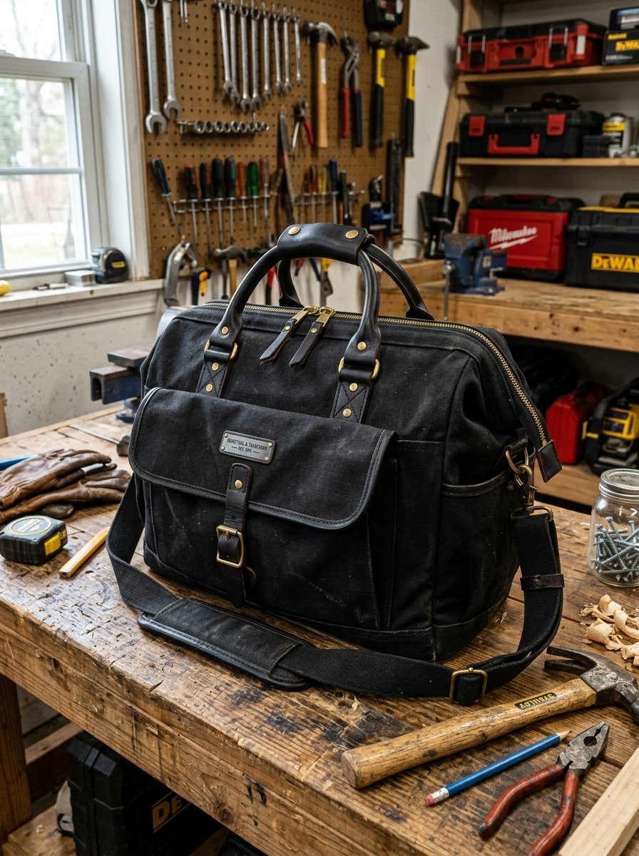 A sturdy black fabric work bag with leather details placed on a desk surrounded by hand tools and shop supplies.