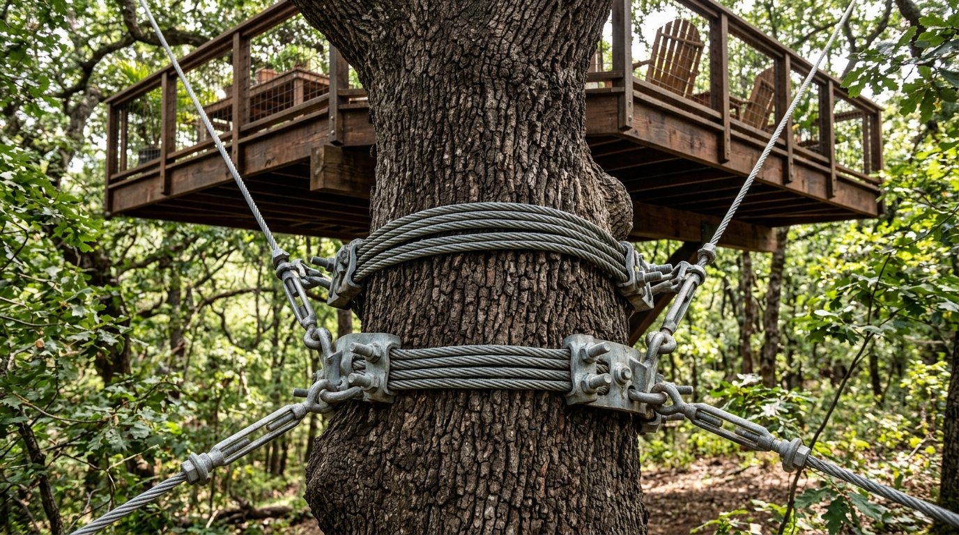 Close-up of thick steel cables and tensioners wrapped around a tree trunk to support a suspended deck.