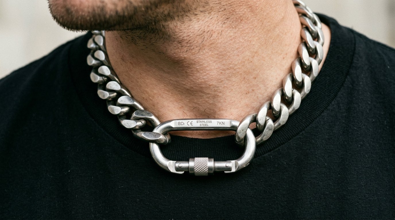 Close up of a man wearing a thick, industrial-style silver chain necklace with a metal carabiner closure.