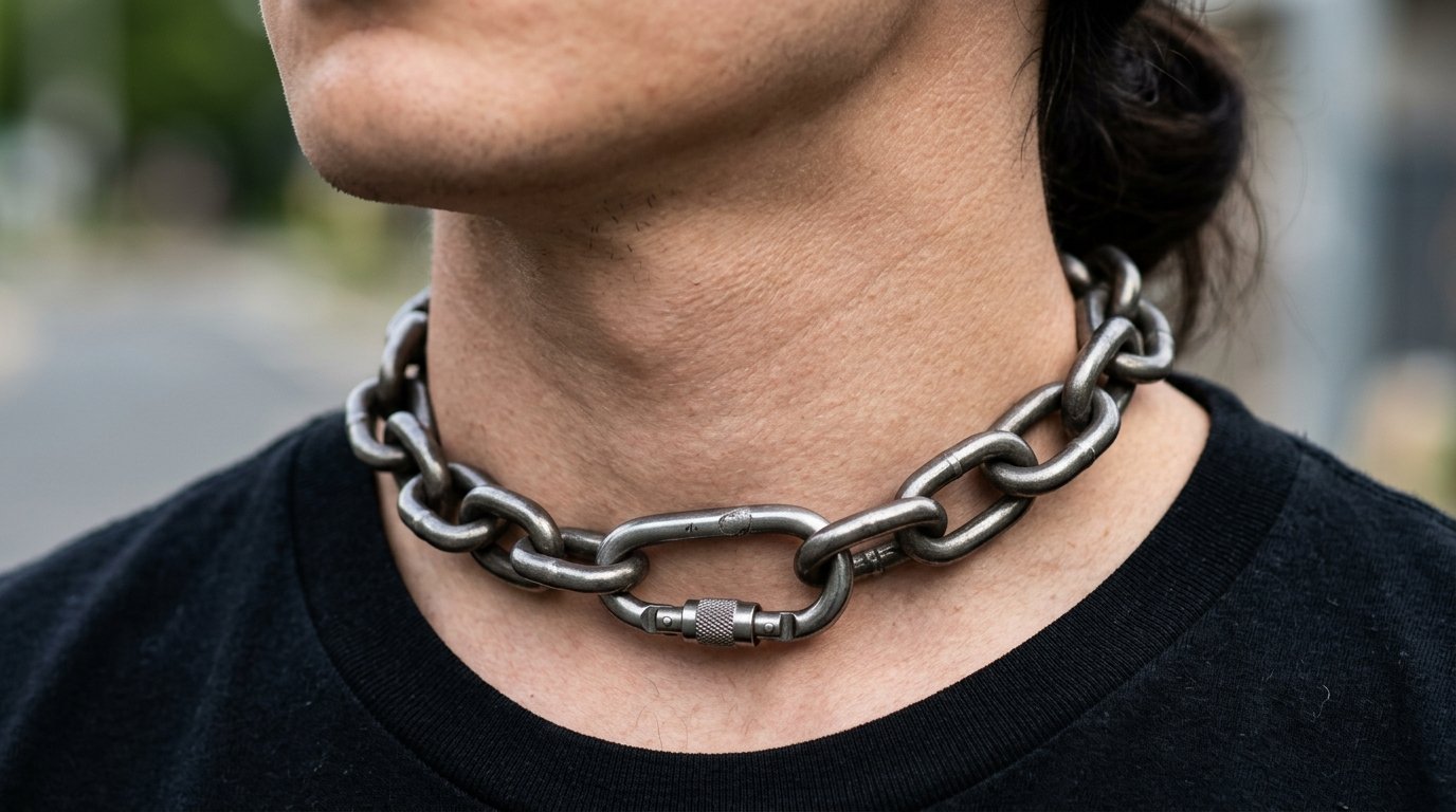 Close-up of a person wearing a thick, textured silver metal chain choker secured by a threaded carabiner.