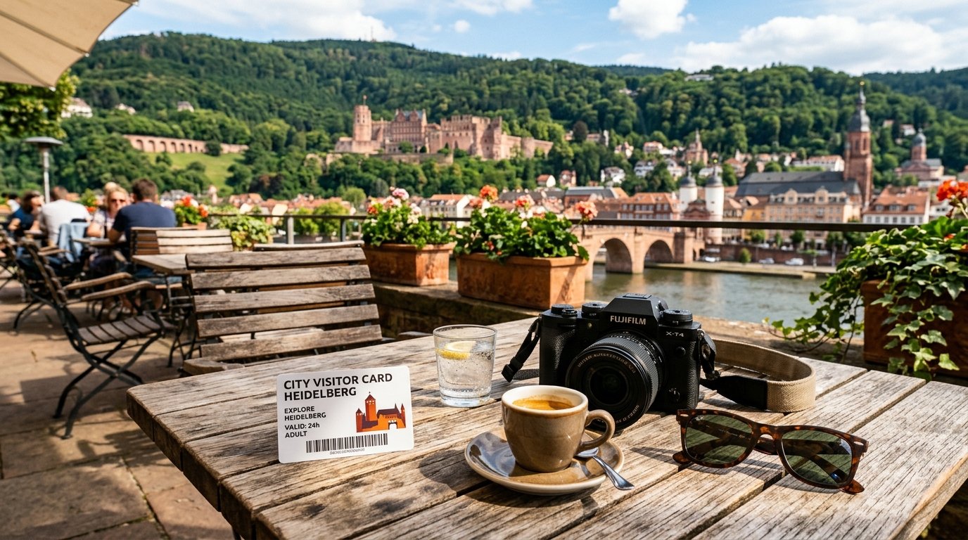 Heidelberg visitor card, espresso, and camera on a wooden cafe table with a scenic view of the castle and river.