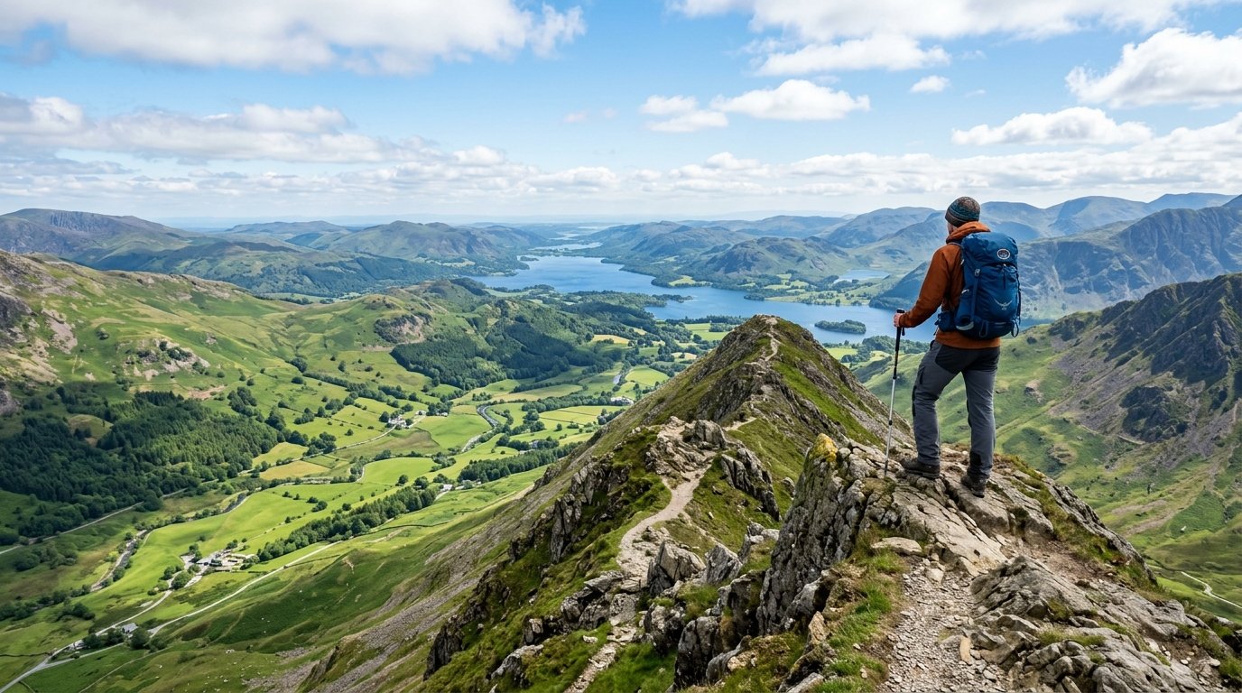 A hiker with a blue backpack stands on a narrow mountain ridge looking out over a wide lake and green fields.