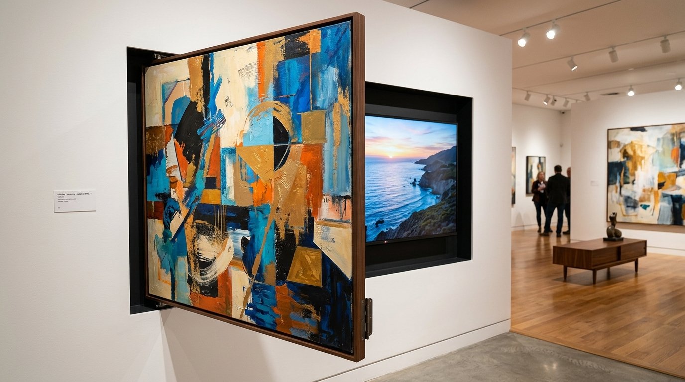 An abstract art piece mounted on a swinging frame, revealing a digital screen playing a sunset beach video.