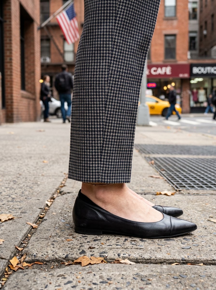 Close-up of a person wearing black pointed ballet flats and houndstooth patterned pants on a city sidewalk.