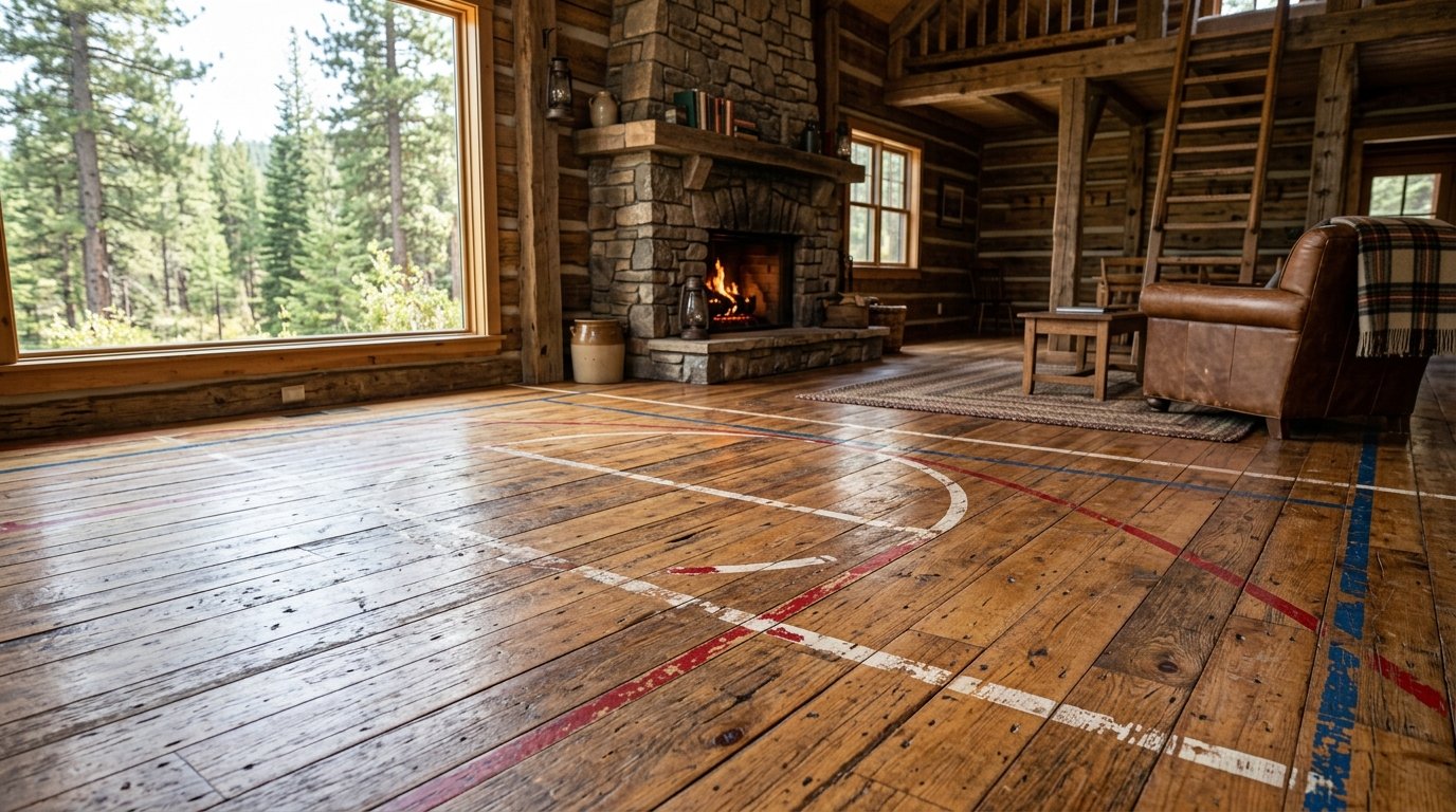 Wooden floorboards in a cabin marked with painted lines for a basketball half court near a stone fireplace.