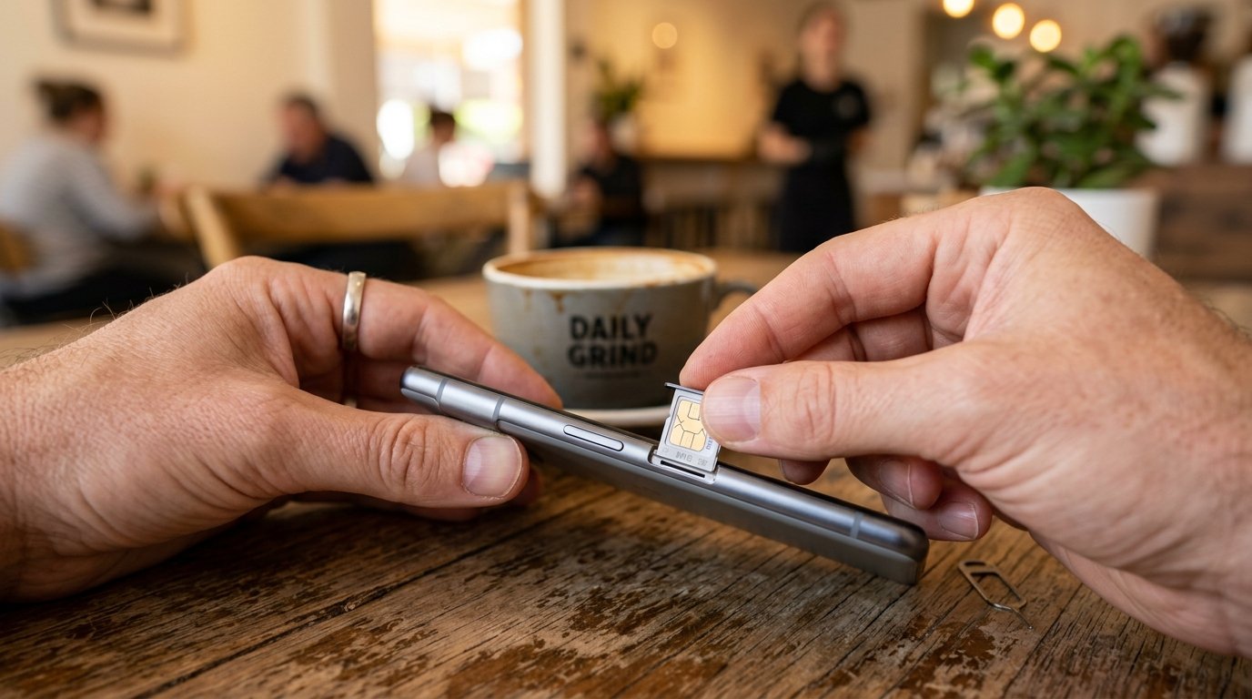 Close-up of hands inserting a small metallic SIM card into the side slot of a grey mobile phone.