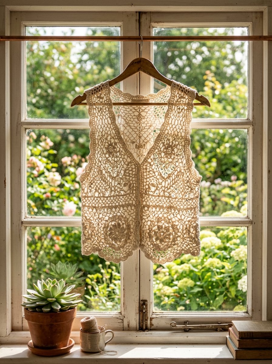 Handmade cream-colored lace waistcoat suspended on a wooden hanger in front of a garden view.