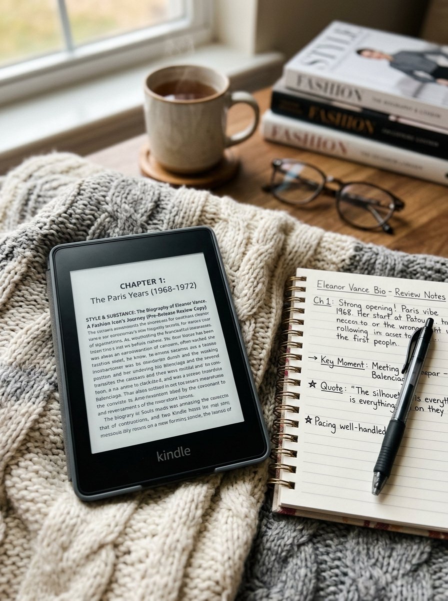 An e-reader showing a biography chapter rests on a knitted blanket next to a notebook, pen, glasses, and fashion books.