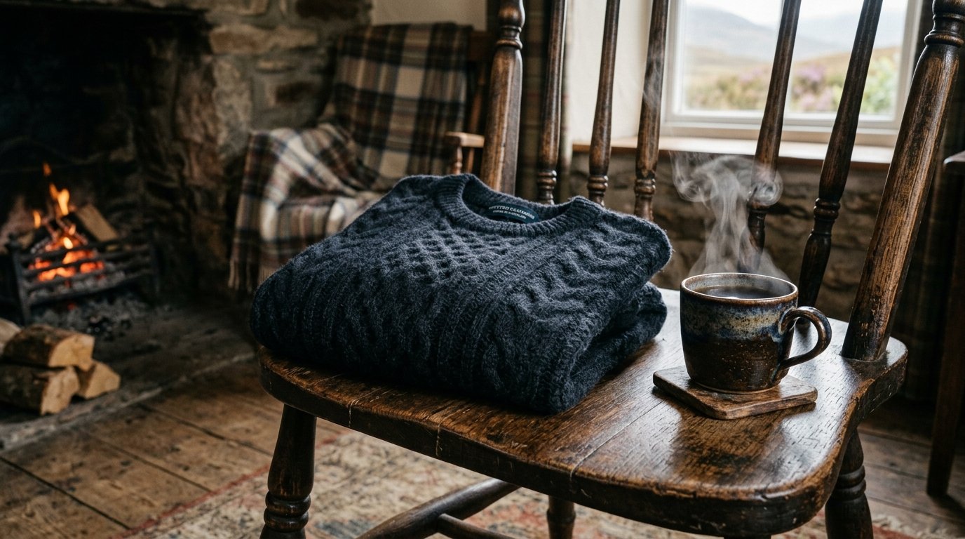 Folded navy blue cable knit sweater and a steaming mug on a vintage chair by a stone fireplace.