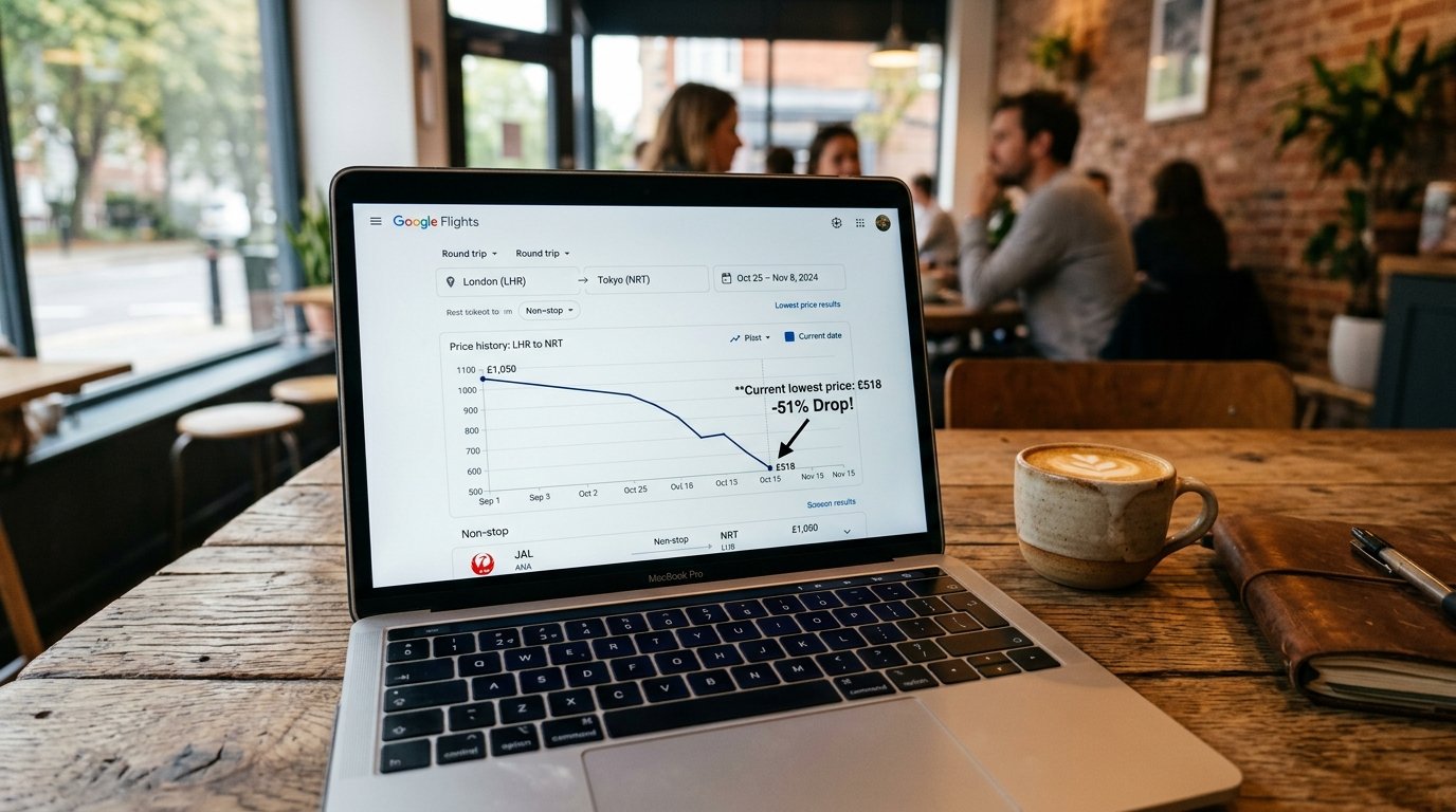 Close up of a laptop screen showing a flight price graph from London to Tokyo in a coffee shop setting.