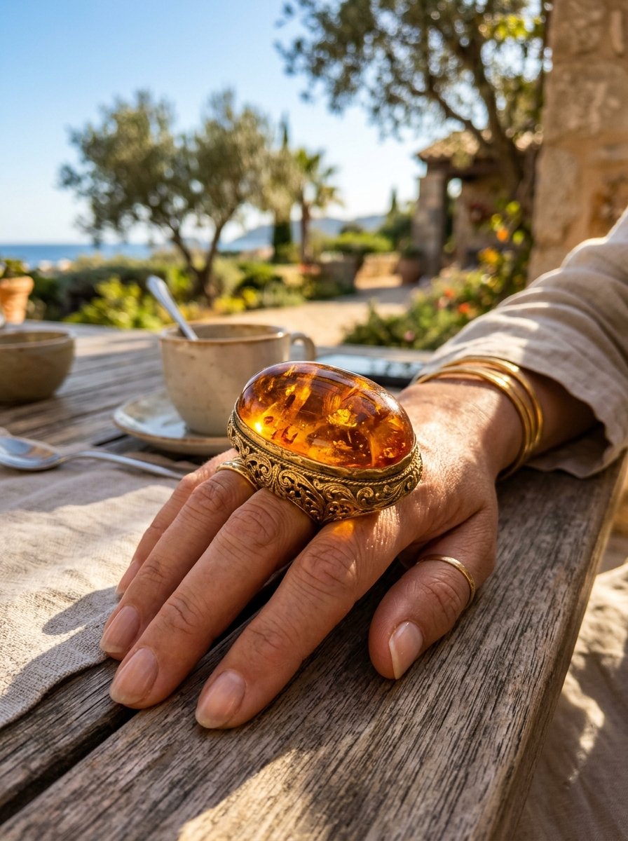Close up of a hand wearing a bulky gold filigree ring with a large smooth polished amber stone on a wooden terrace.