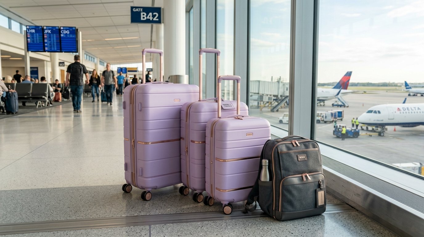 Matching lavender luggage set with a grey travel backpack sitting by a large window overlooking airplane tarmac.