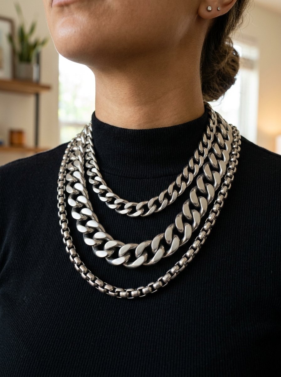 Close up of a person wearing three layered, heavy silver curb and box link chains against a black shirt.