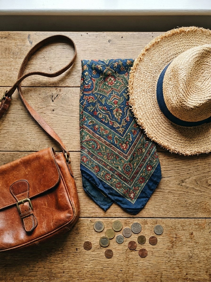 A brown leather bag, a patterned scarf, a straw hat, and loose coins resting on a weathered wooden table.