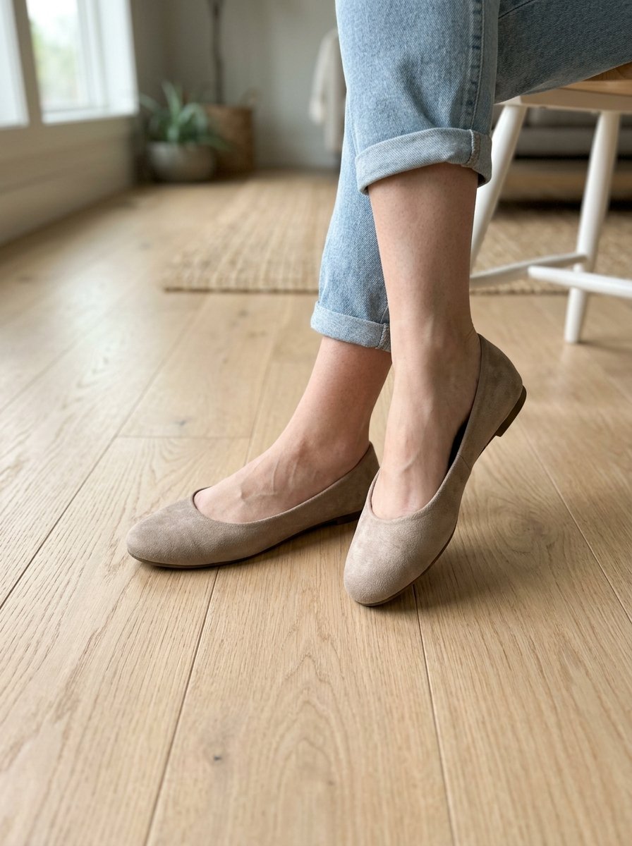 Close up of feet in beige suede slip-on shoes paired with light wash denim sitting on wooden floors.