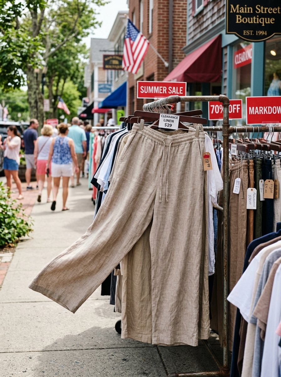 A rack of summer clothes for sale on a sidewalk outside a boutique with shoppers walking by in the background.