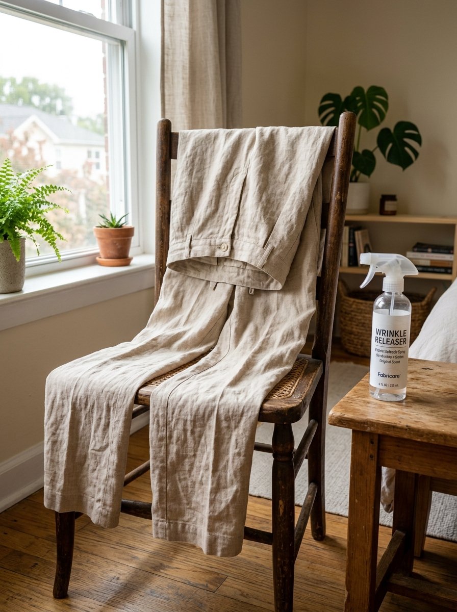 A pair of tan linen trousers draped over a dark wooden chair next to a spray bottle of wrinkle releaser.