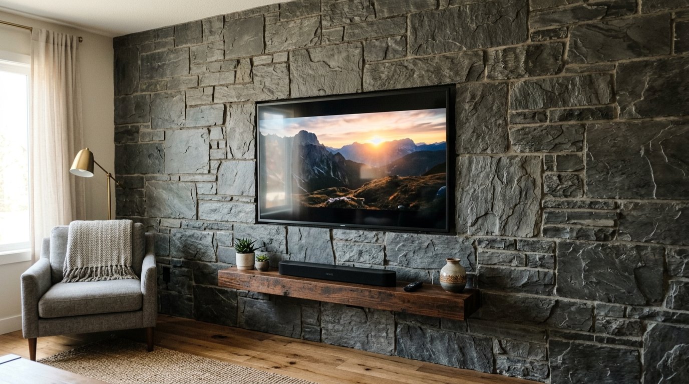 Modern living room featuring a textured dark stone wall, wooden floating shelf, and cozy grey armchair.