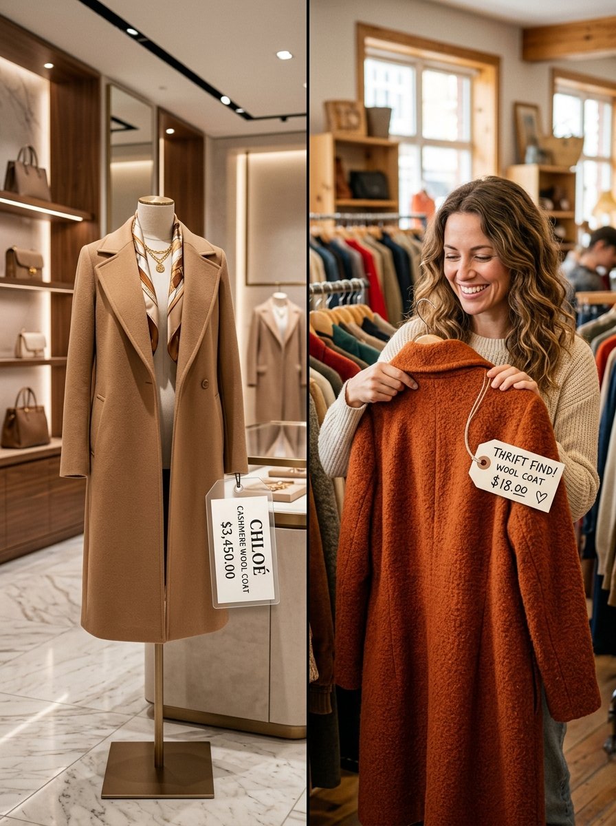 A beige Chloé wool coat on a luxury mannequin versus a smiling woman holding a discounted orange thrifted coat.