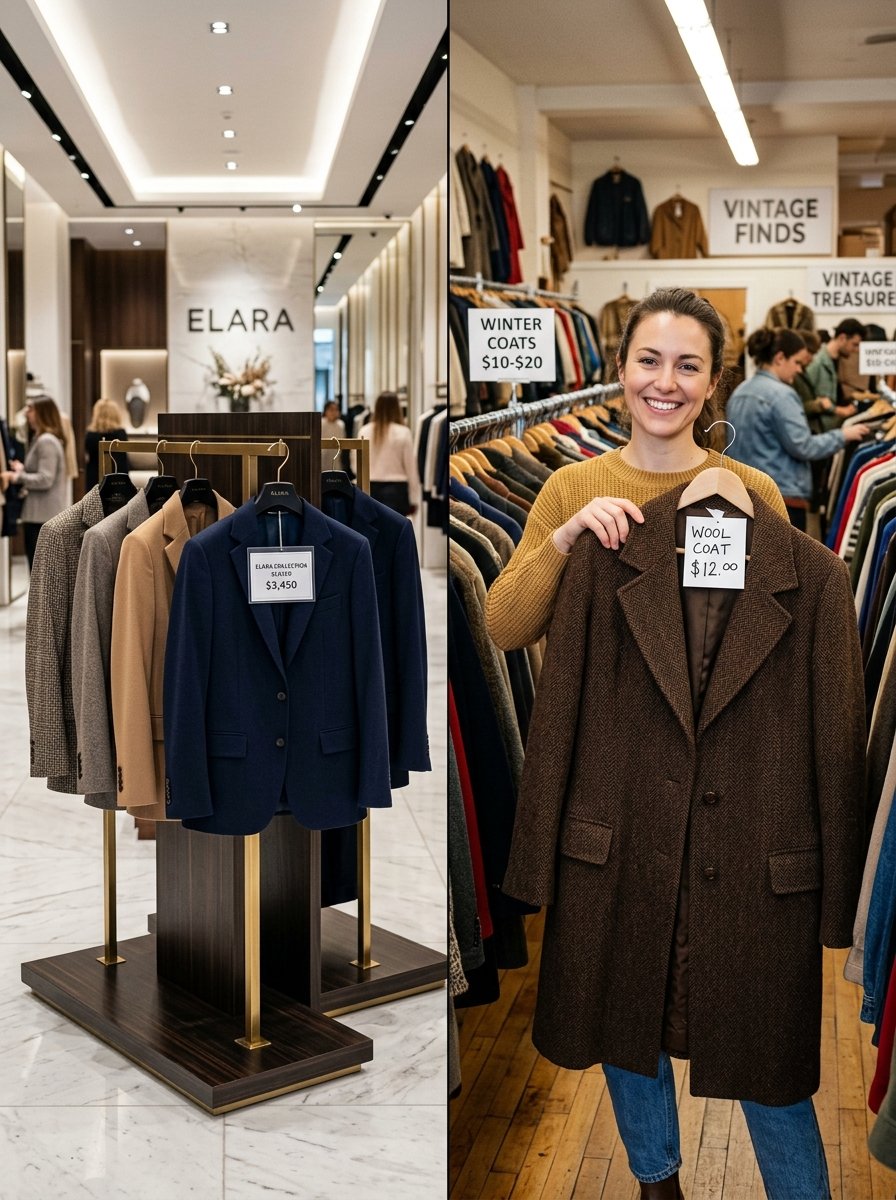 Split view showing a $3,450 blazer in a luxury store next to a woman holding a $12 thrifted wool coat.