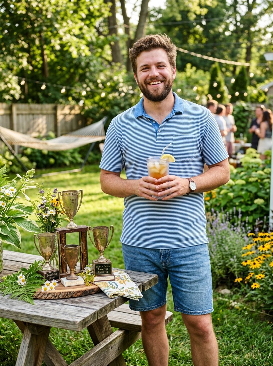 A bearded man in a blue striped shirt stands holding a glass of iced tea near a wooden table with vintage awards.