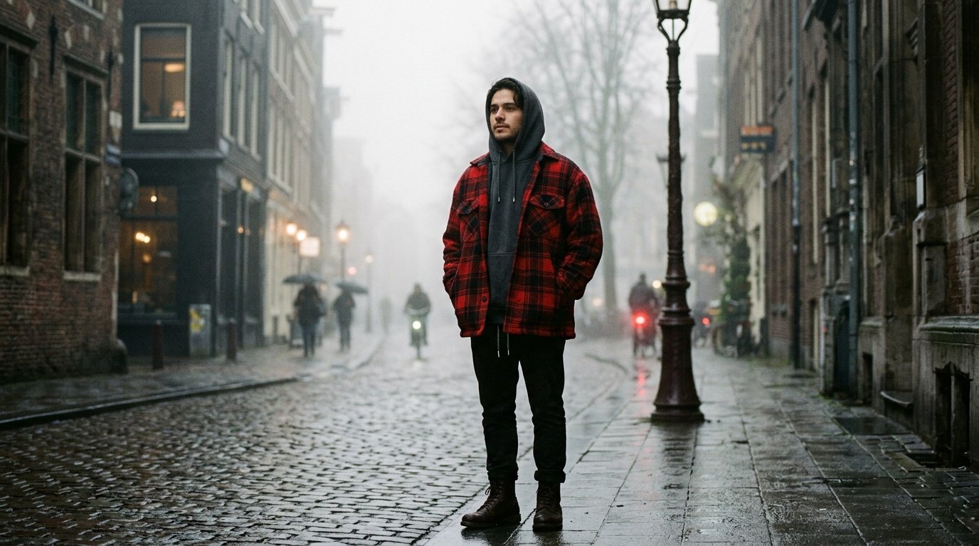 Portrait of a man in a red and black flannel jacket standing on a wet cobblestone street in a foggy city.