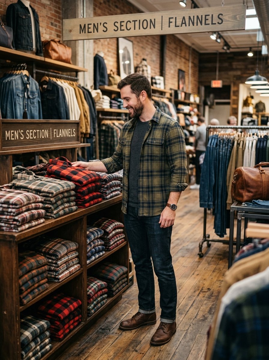A bearded man in a plaid shirt browsing stacked flannel button-downs at a boutique menswear shop.