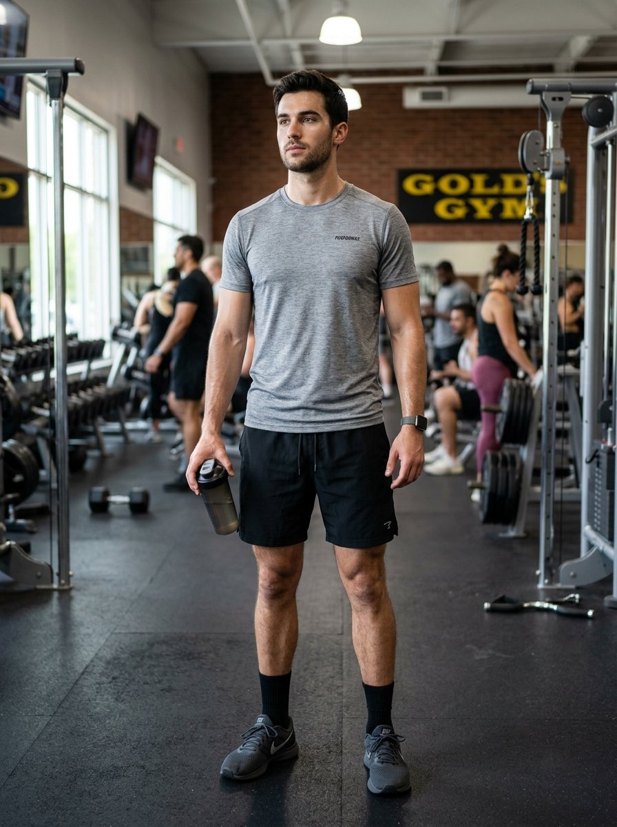 A man wearing a grey t-shirt and black shorts standing in a gym with weights in the background.
