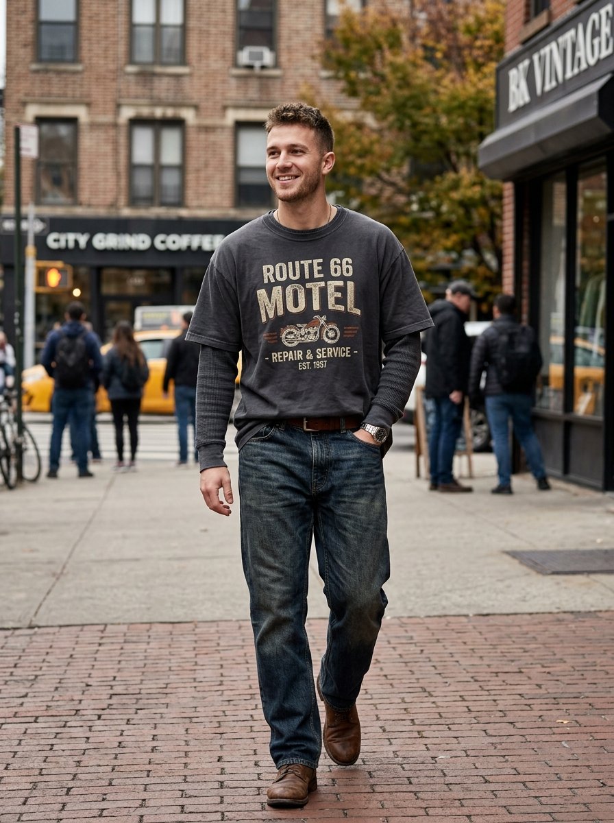 A man smiling while walking down a brick city sidewalk in a Route 66 graphic tee and blue jeans.