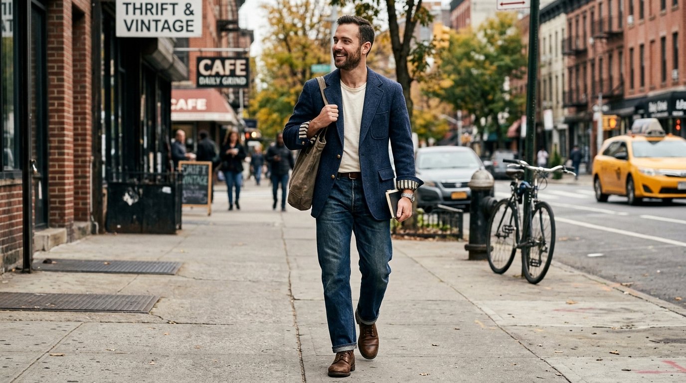 A smiling man carrying a canvas tote bag and book walks along a city sidewalk past thrift shops and a yellow taxi.