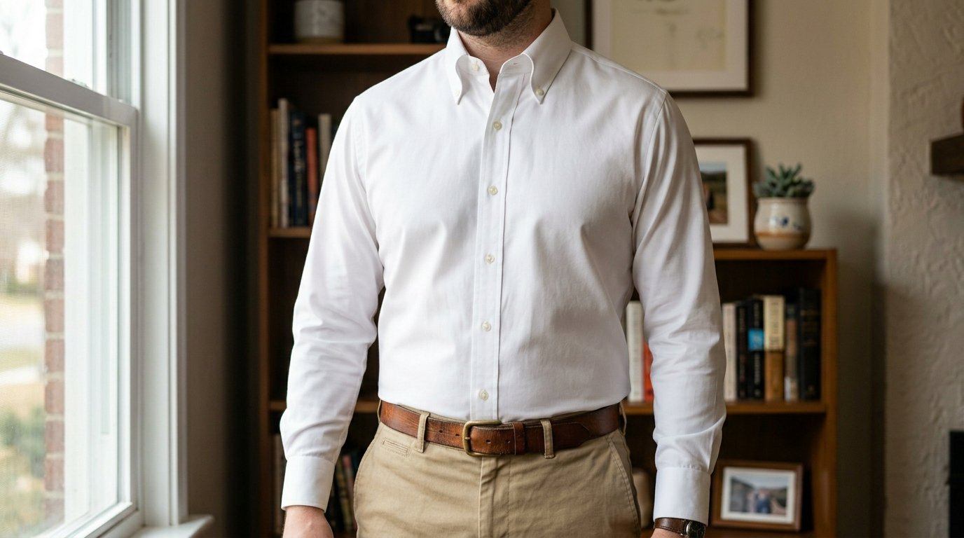 Close up of a man in a crisp white long sleeve shirt tucked into tan trousers with a leather belt.