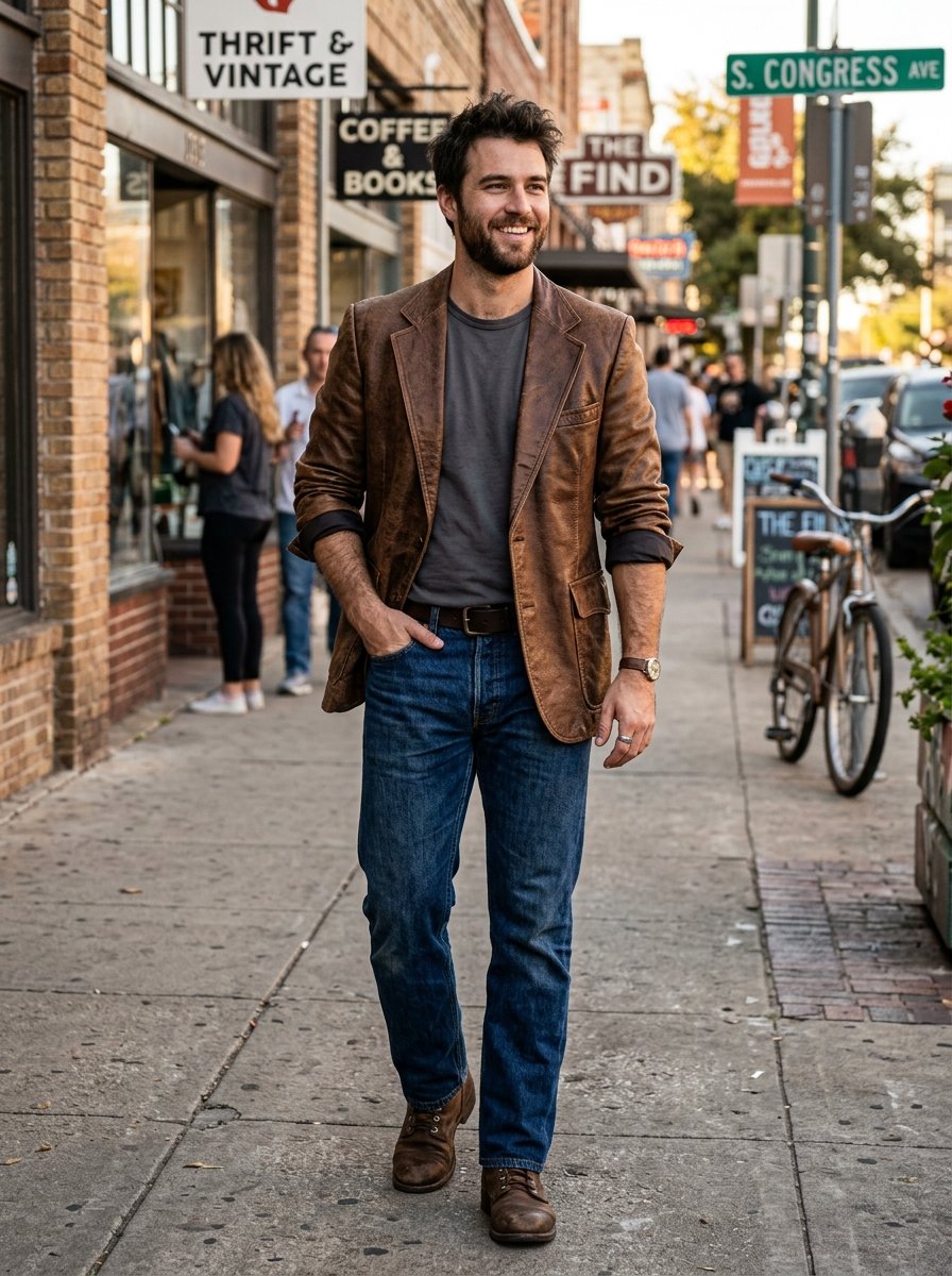 A smiling bearded man in a brown leather blazer and blue jeans walking on a city sidewalk past storefronts.