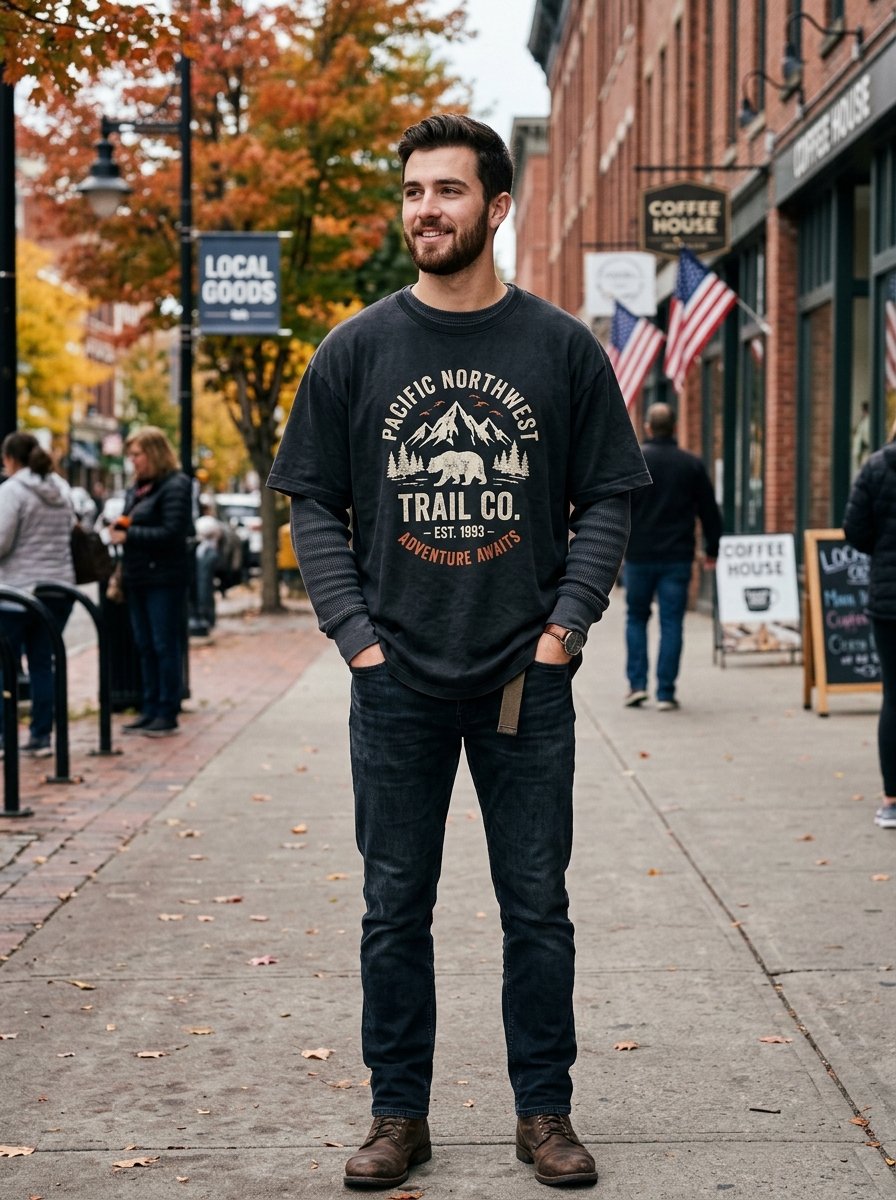 A bearded man stands on a city sidewalk wearing a Pacific Northwest graphic t-shirt and jeans during autumn.